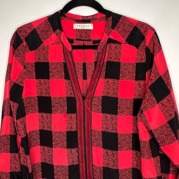 Sandro Red Buffalo Check Silk Tunic Top Size Medium - Picture 4 of 7